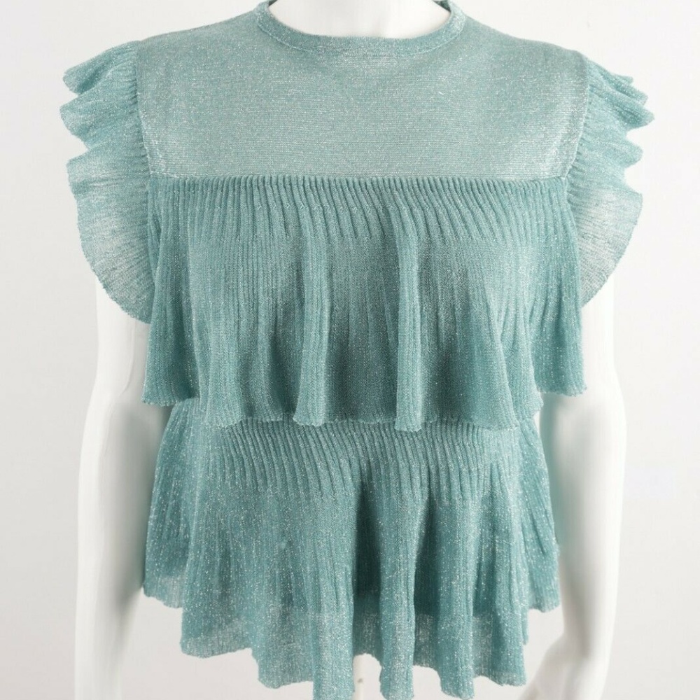 Zara Metallic Threaded Ruffled Top Small Blue